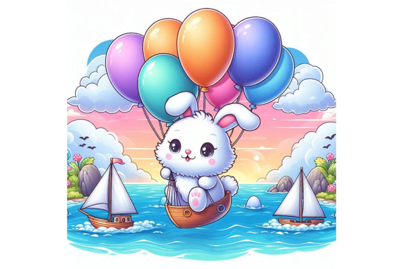 cute-bunny-flying-with-colorful-balloons-on-sea-landsca