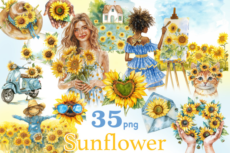 sunflower-clipart-bundle-summer-graphics-png-set