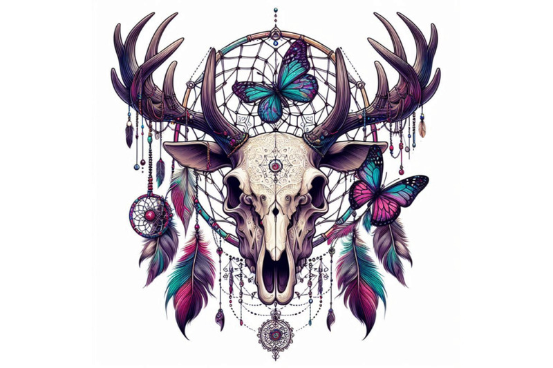 deer-skull-animal-skull-with-dreamcather-and-butterfly