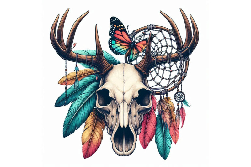 deer-skull-animal-skull-with-dreamcather-and-butterfly