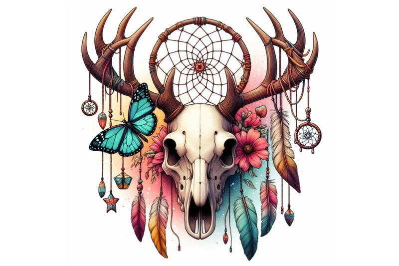 deer-skull-animal-skull-with-dreamcather-and-butterfly