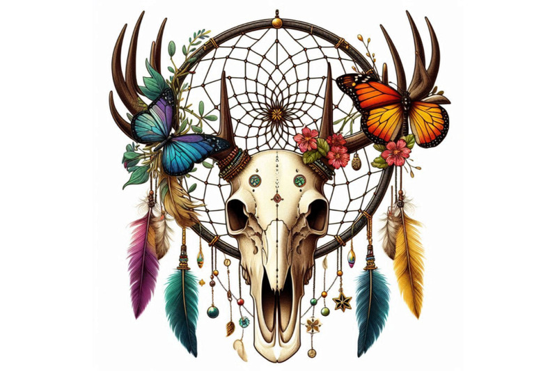 deer-skull-animal-skull-with-dreamcather-and-butterfly