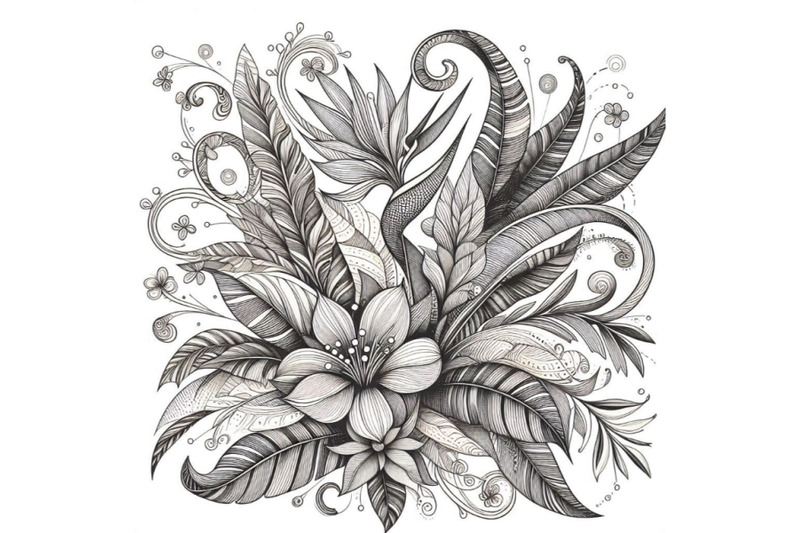 exotic-flowers-leaves-smooth-bend-shape-filled-with-doodle-mi