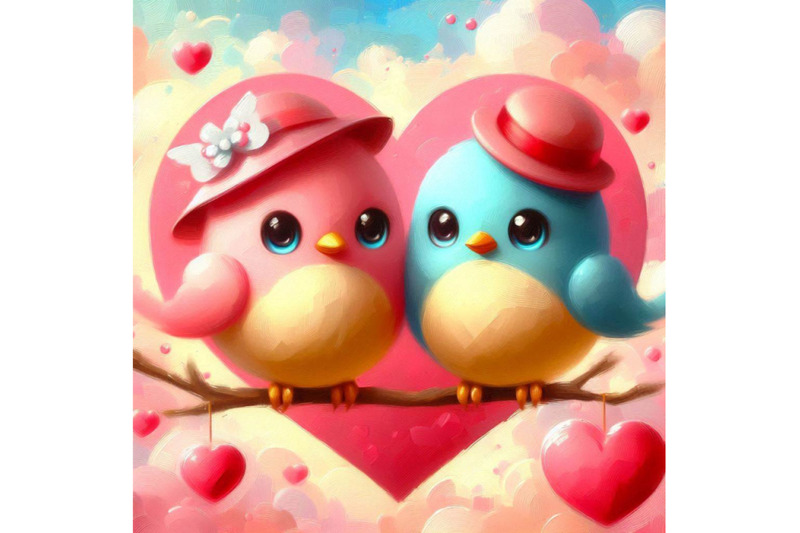 a-2d-two-cute-bird-lovers-on-pink-hearts-shaped