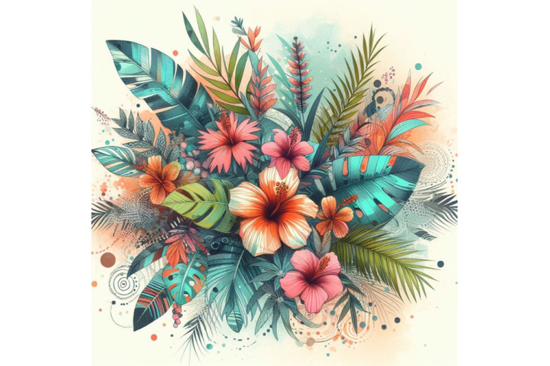 abstract-tropical-summer-design-watercolor-exotic-flowers-le