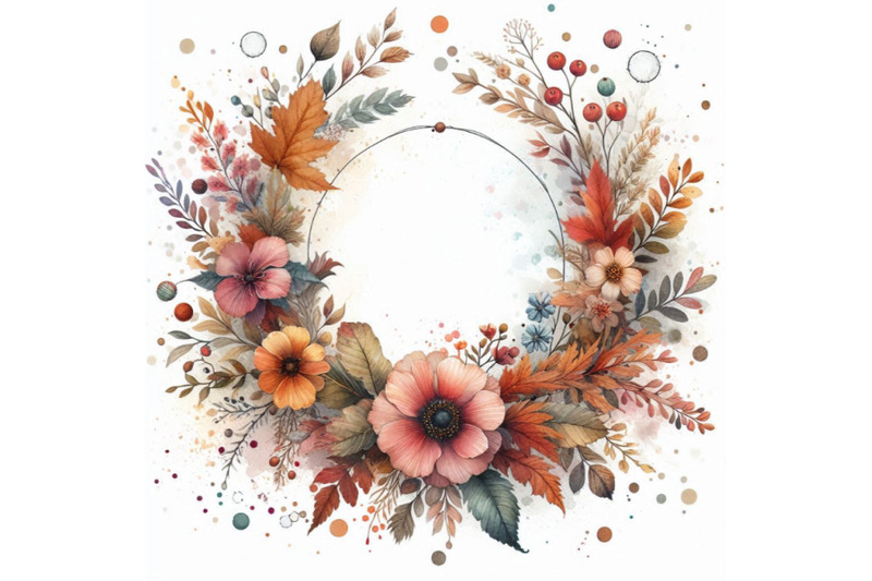 autumn-watercolor-wreath-on-splash-background-with-flowers