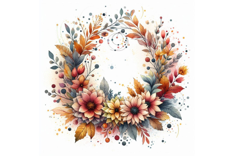 autumn-watercolor-wreath-on-splash-background-with-flowers