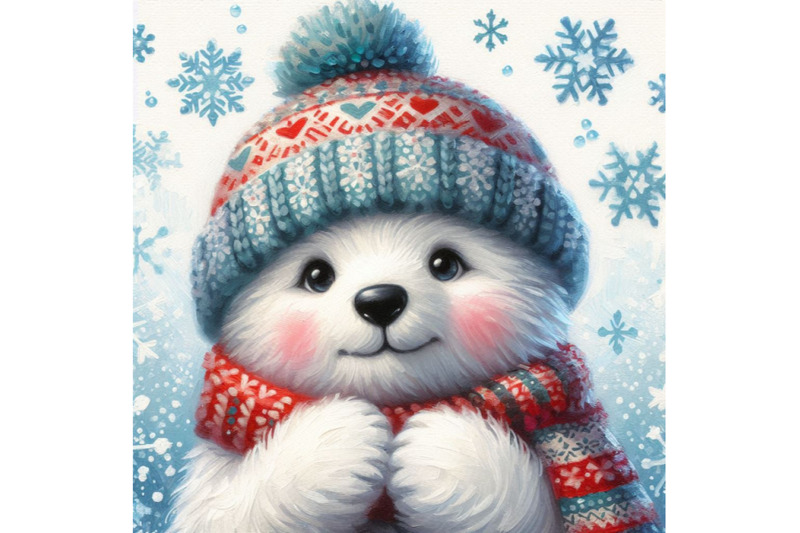 cute-polar-bear-in-a-knitted-hat-with-snowflake-background