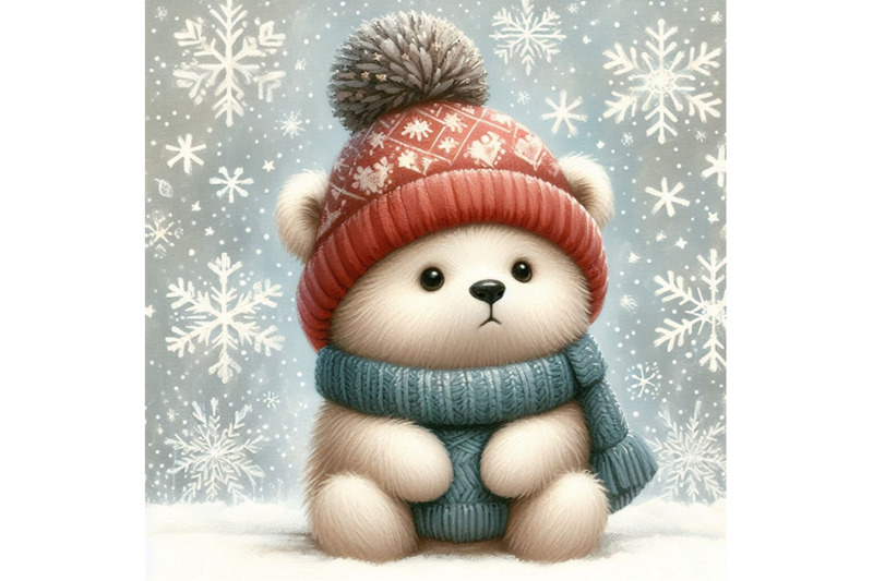 cute-polar-bear-in-a-knitted-hat-with-snowflake-background