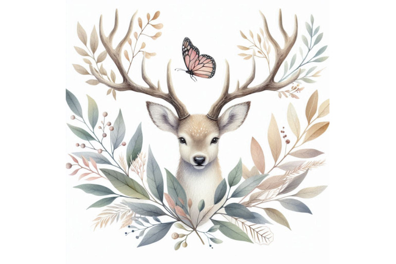 hand-painted-watercolor-deer-antlers-with-leafs-branches-but