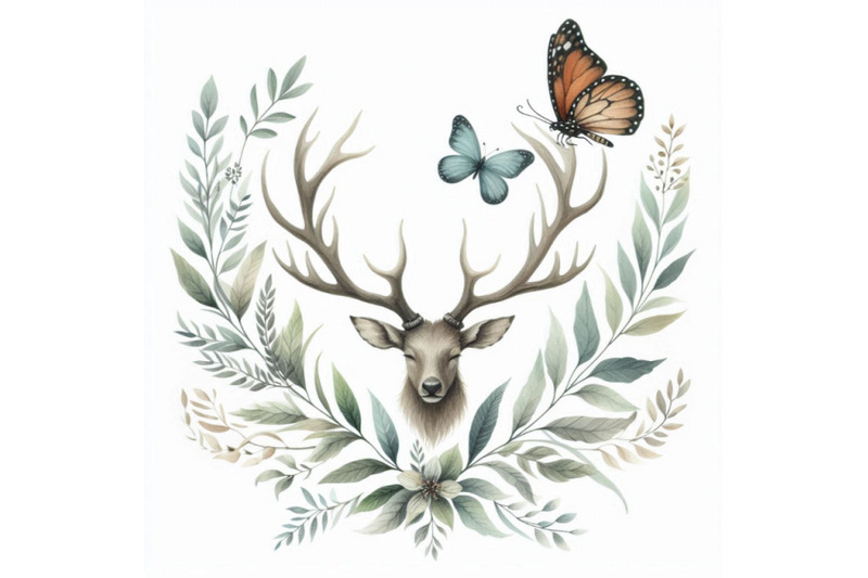 hand-painted-watercolor-deer-antlers-with-leafs-branches-but