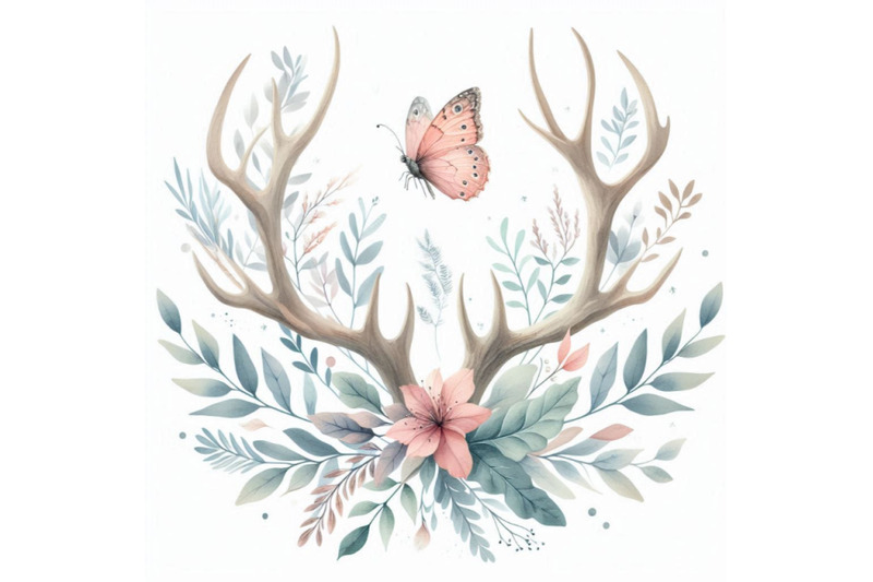 hand-painted-watercolor-deer-antlers-with-leafs-branches-but