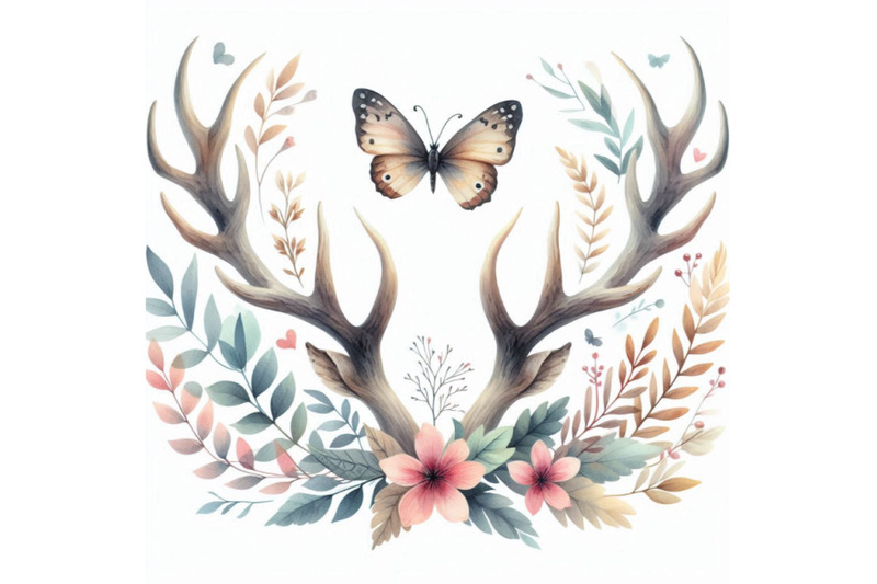 hand-painted-watercolor-deer-antlers-with-leafs-branches-but