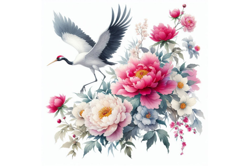 hand-painted-watercolor-peonies-and-crane-birds