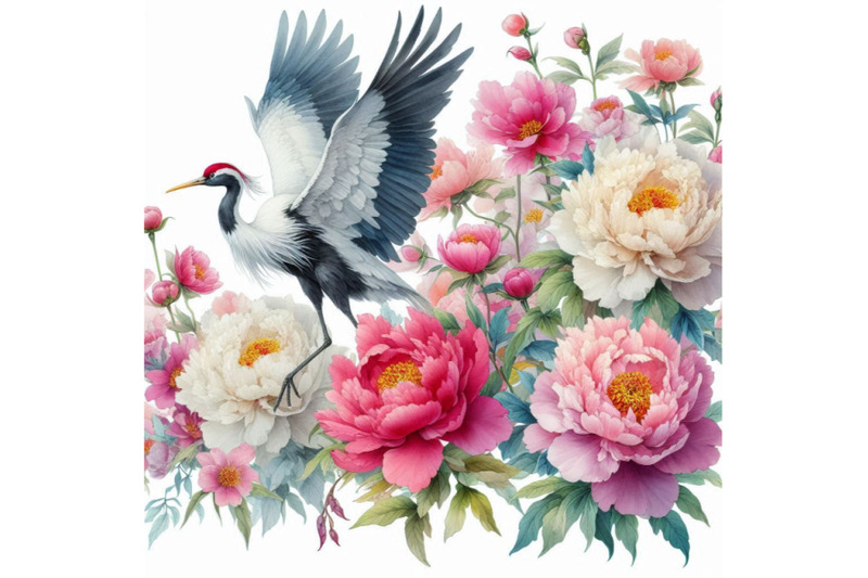 hand-painted-watercolor-peonies-and-crane-birds