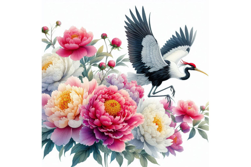 hand-painted-watercolor-peonies-and-crane-birds