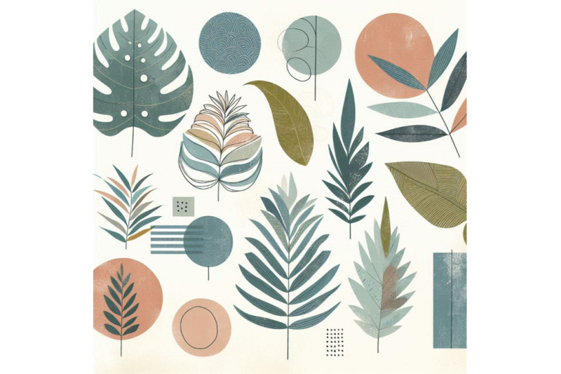 minimal-shapes-doodle-tropical-leaves-watercolor-grunge-tex