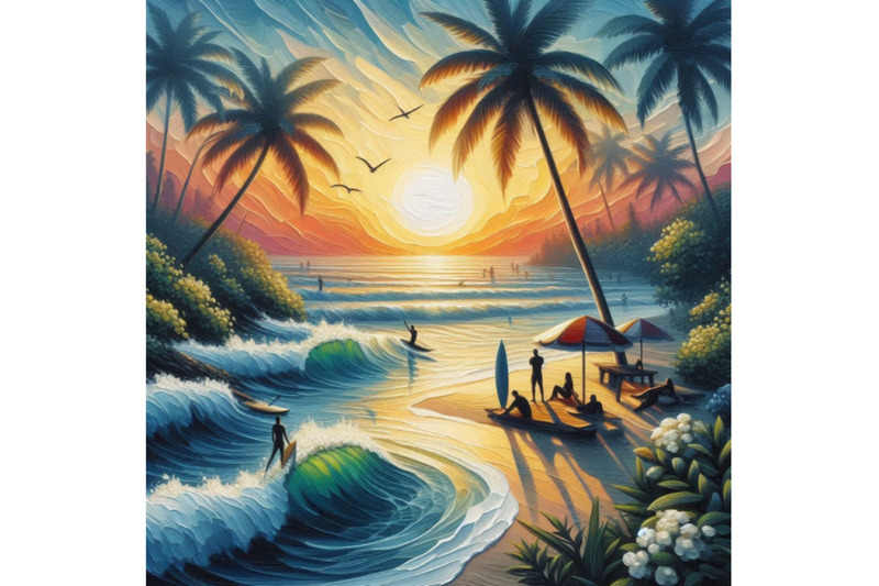 summer-sunset-palms-surfing-sea-waves