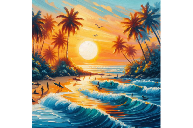 summer-sunset-palms-surfing-sea-waves