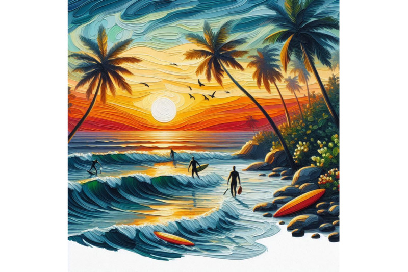 summer-sunset-palms-surfing-sea-waves