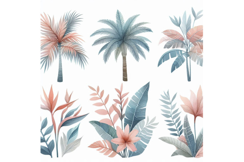 abstract-watercolor-palm-trees-and-leaves-set