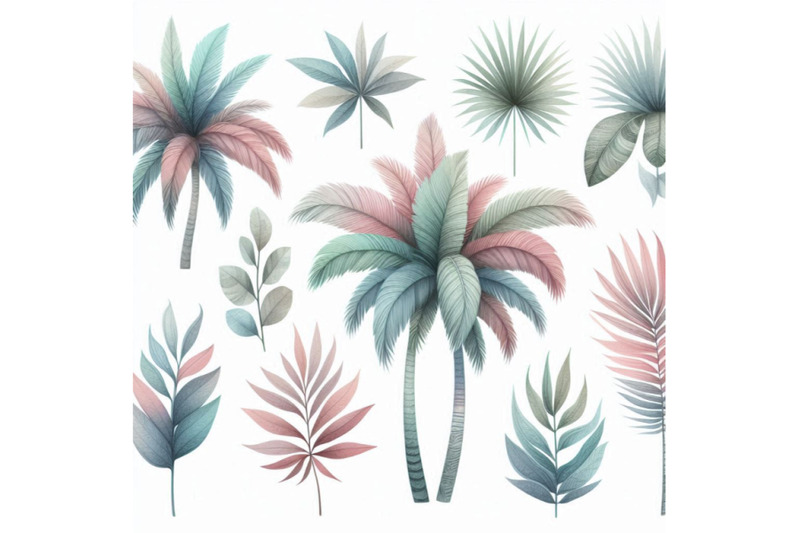 abstract-watercolor-palm-trees-and-leaves-set