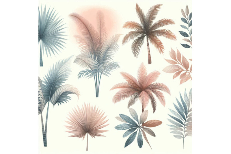 abstract-watercolor-palm-trees-and-leaves-set