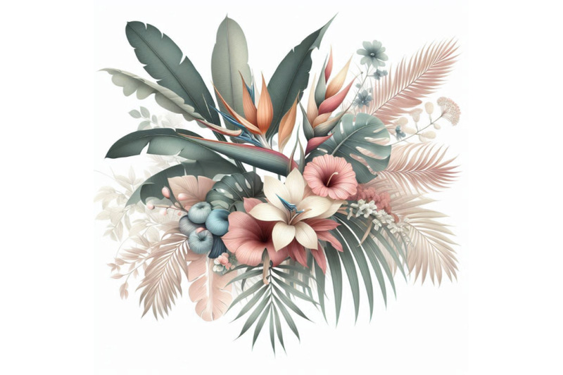 tropical-watercolor-pineapple-flowers-and-leaves-with-shadows