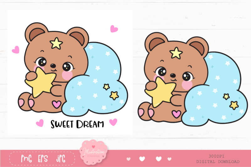 cute-teddy-bear-sleep-on-cloud-pillow-kawaii-clipart-bedtime