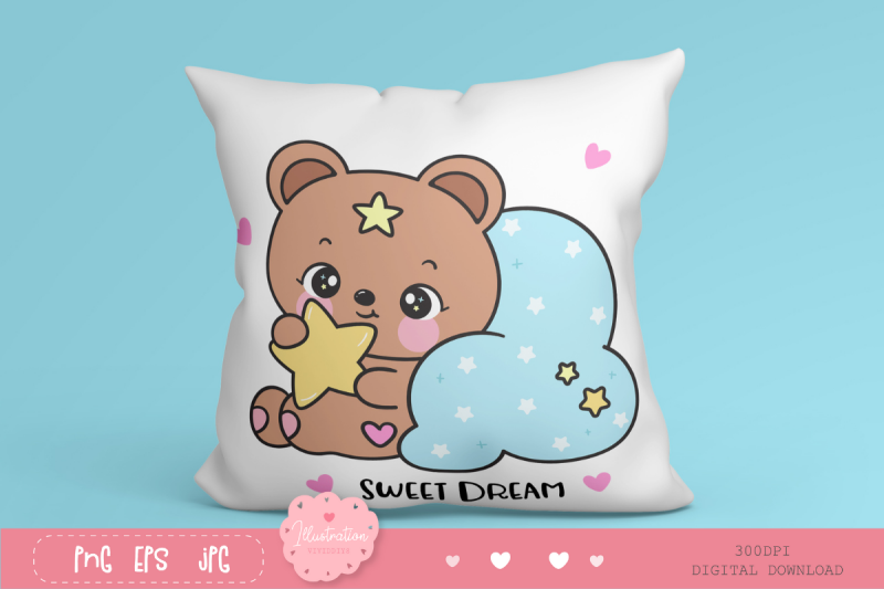 cute-teddy-bear-sleep-on-cloud-pillow-kawaii-clipart-bedtime