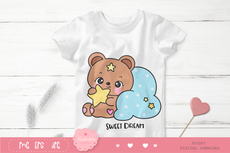 cute-teddy-bear-sleep-on-cloud-pillow-kawaii-clipart-bedtime