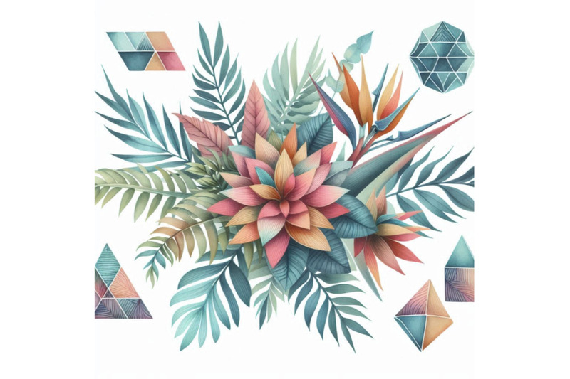 watercolor-tropical-floral-geometric-shapes-isolate