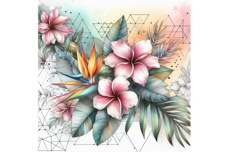 watercolor-tropical-flowers-on-geometric-backgrou