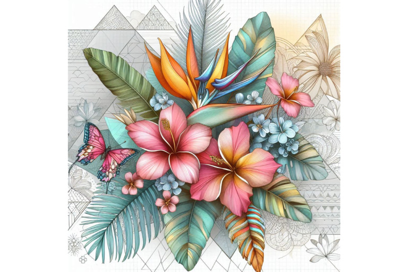 watercolor-tropical-flowers-on-geometric-backgrou