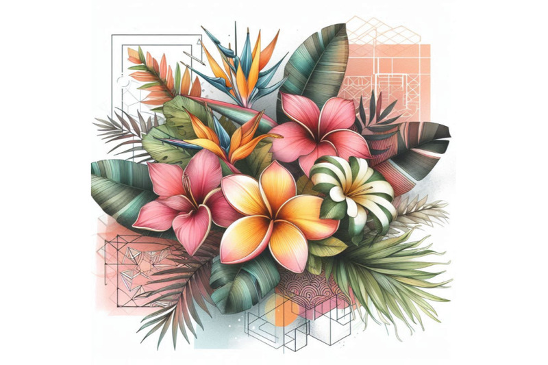 watercolor-tropical-flowers-on-geometric-backgrou