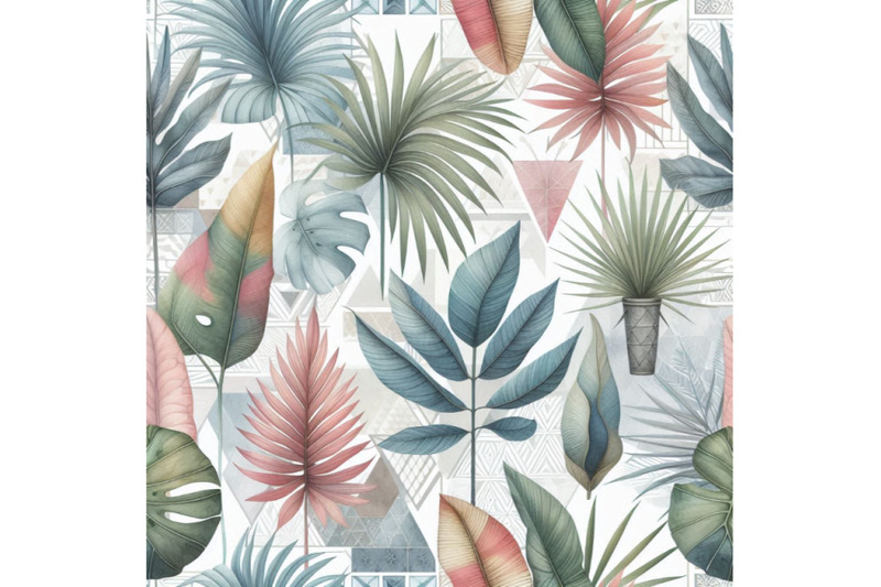 watercolor-tropical-leaves-and-palm-trees-in-geometric-shapes