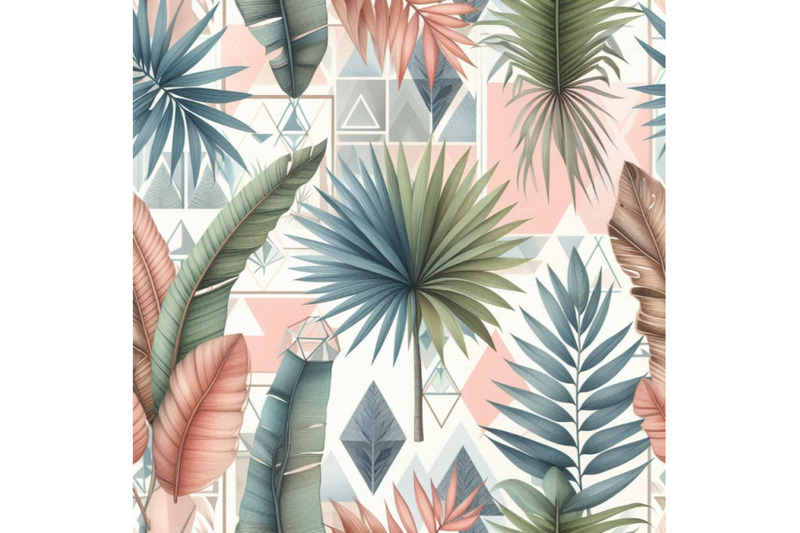 watercolor-tropical-leaves-and-palm-trees-in-geometric-shapes