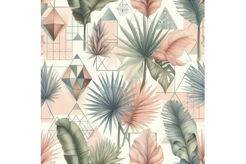 watercolor-tropical-leaves-and-palm-trees-in-geometric-shapes