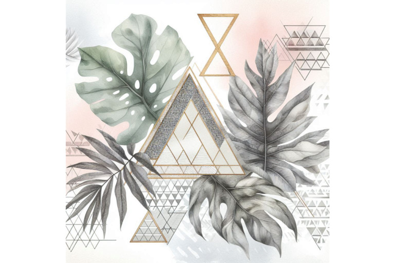 watercolor-tropical-leaves-and-textured-triangles-b