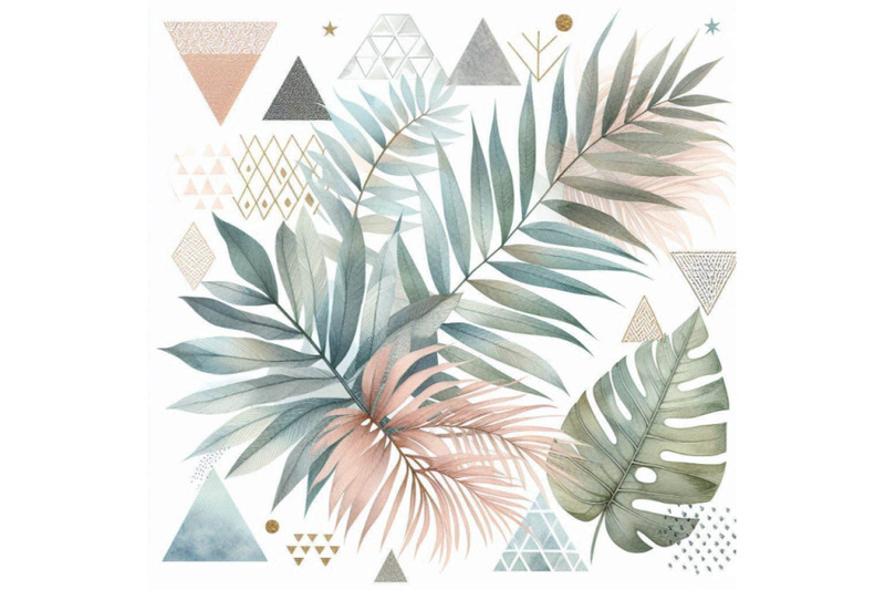 watercolor-tropical-leaves-and-textured-triangles-b