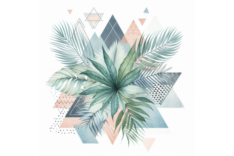 watercolor-tropical-leaves-and-textured-triangles-b