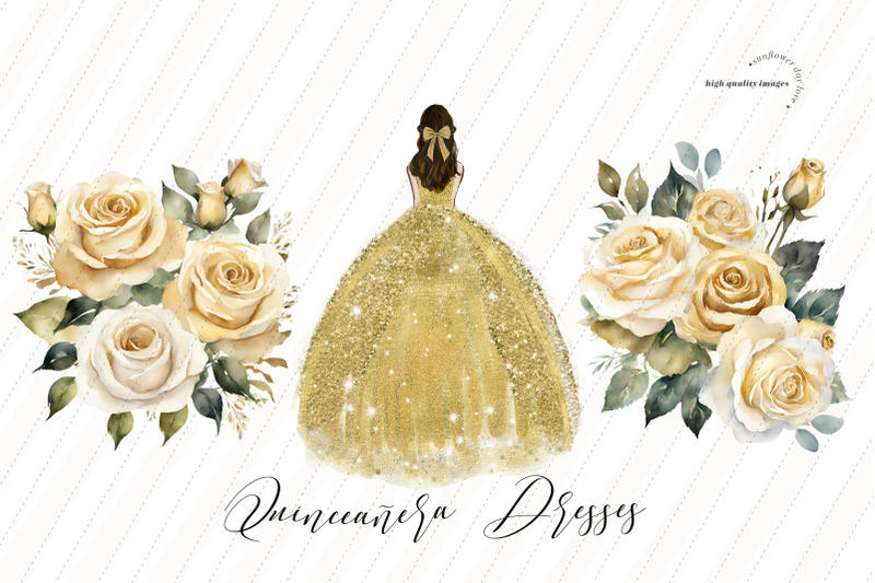 gold-princess-dress-quinceanera-clipart-white-gold-flowers