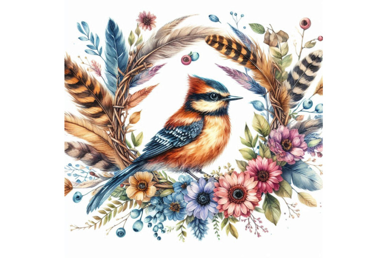 watercolor-wreath-with-bird-feathers-and-flowers