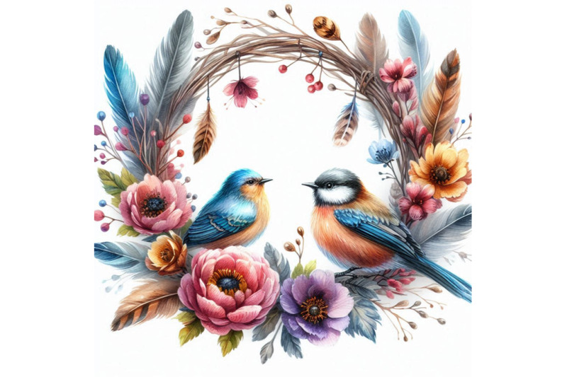 watercolor-wreath-with-bird-feathers-and-flowers