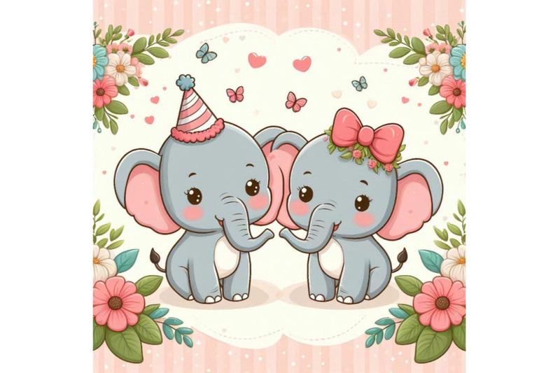 cute-couple-elephant-cartoon-on-floral-backgr