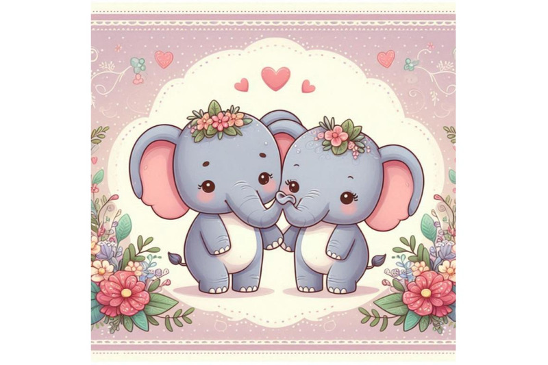 cute-couple-elephant-cartoon-on-floral-backgr