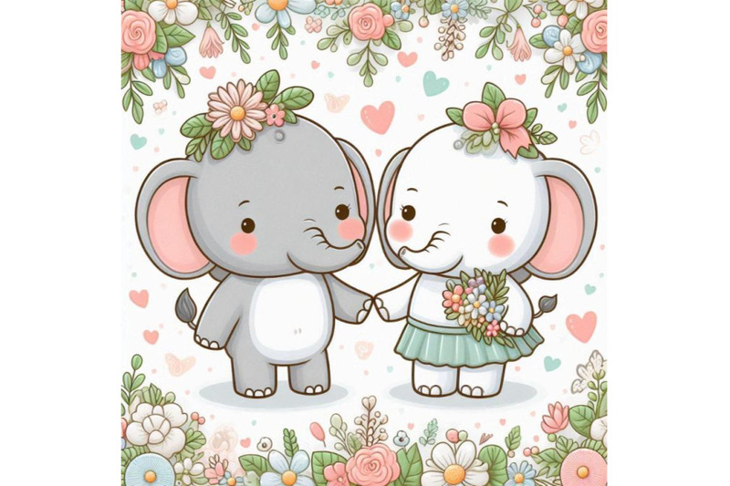 cute-couple-elephant-cartoon-on-floral-backgr