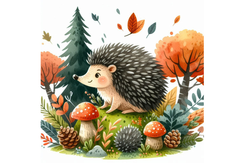 cute-watercolor-cartoon-hedgehog-forest-animal-illustration