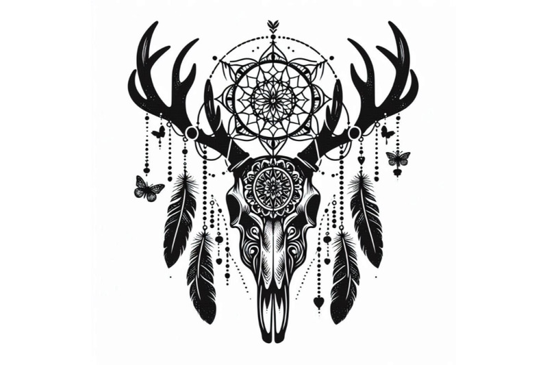 deer-skull-animal-skull-with-dreamcather-and-butterfly