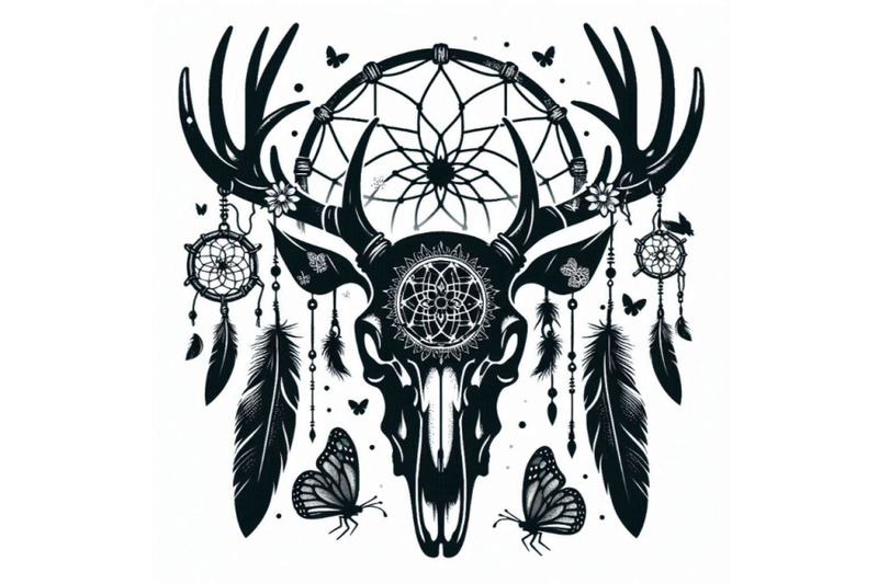 deer-skull-animal-skull-with-dreamcather-and-butterfly